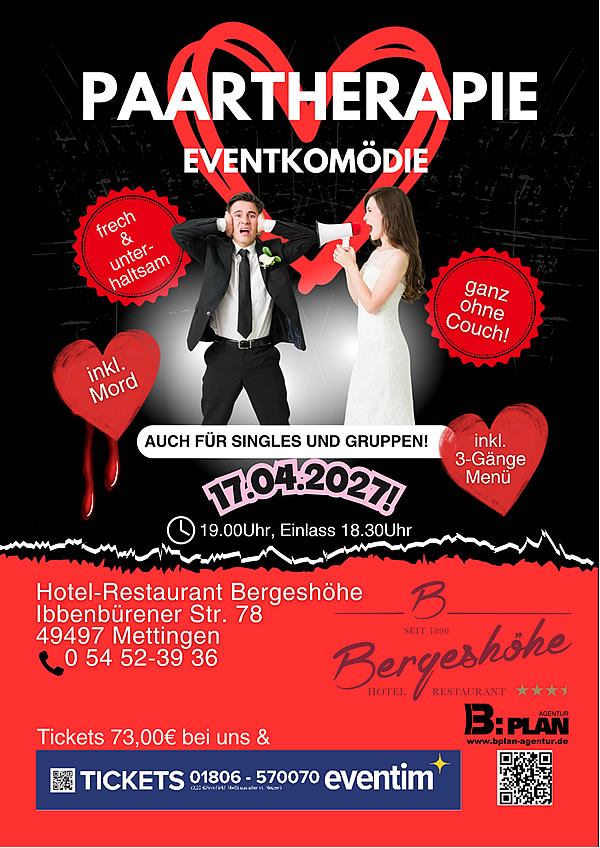 Paartherapie - Hotel Restaurant Bergeshöhe - Ihr ***Hotel in Mettingen im Tecklenburger Land, Festsaal für Ihre Hochzeitsfeier, Geburtstagsfeier, Taufe, Beerdigung, Modenschau u.v.m